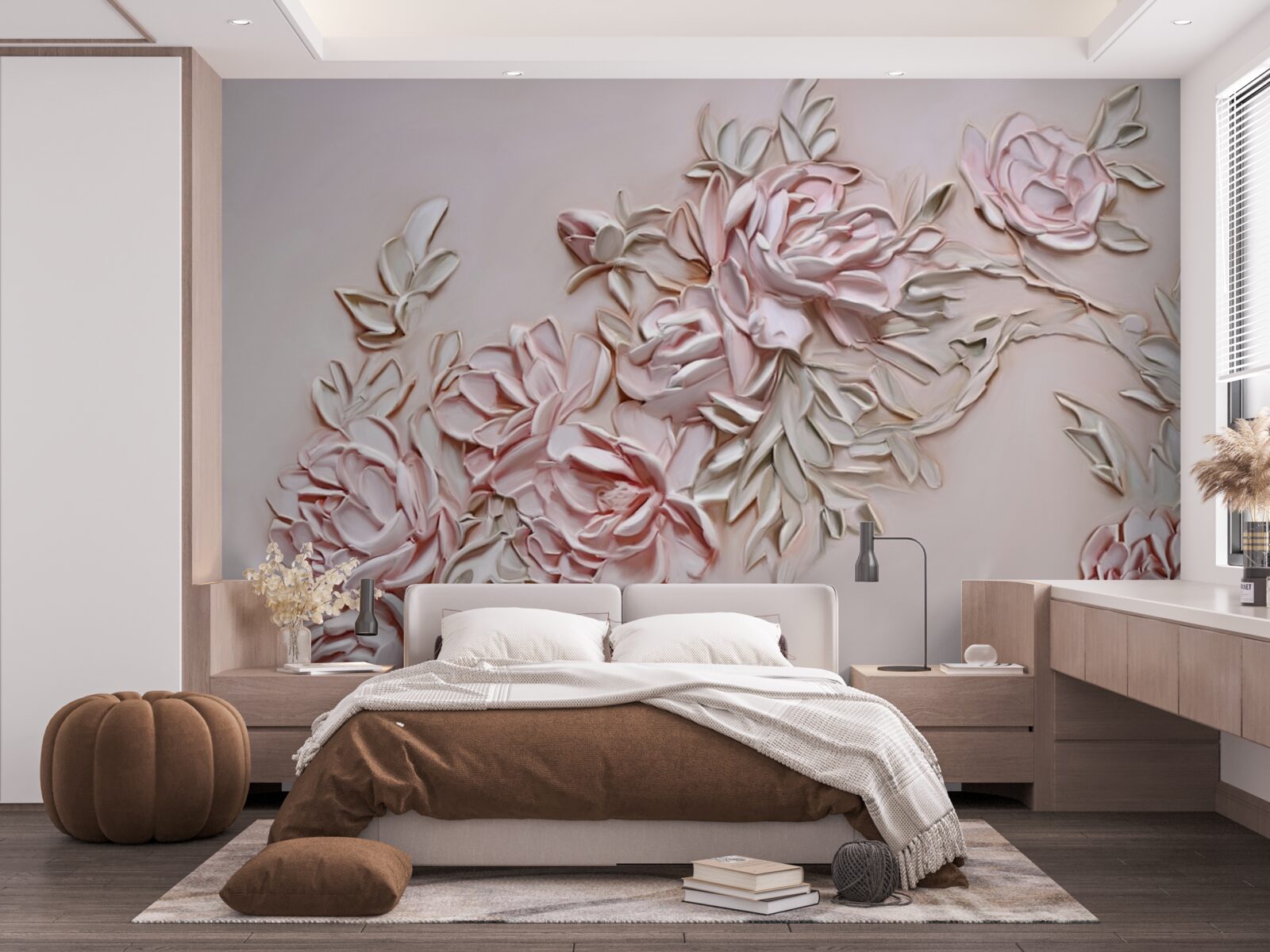 Фотошпалери зелене листя на гілці рожевих квітів