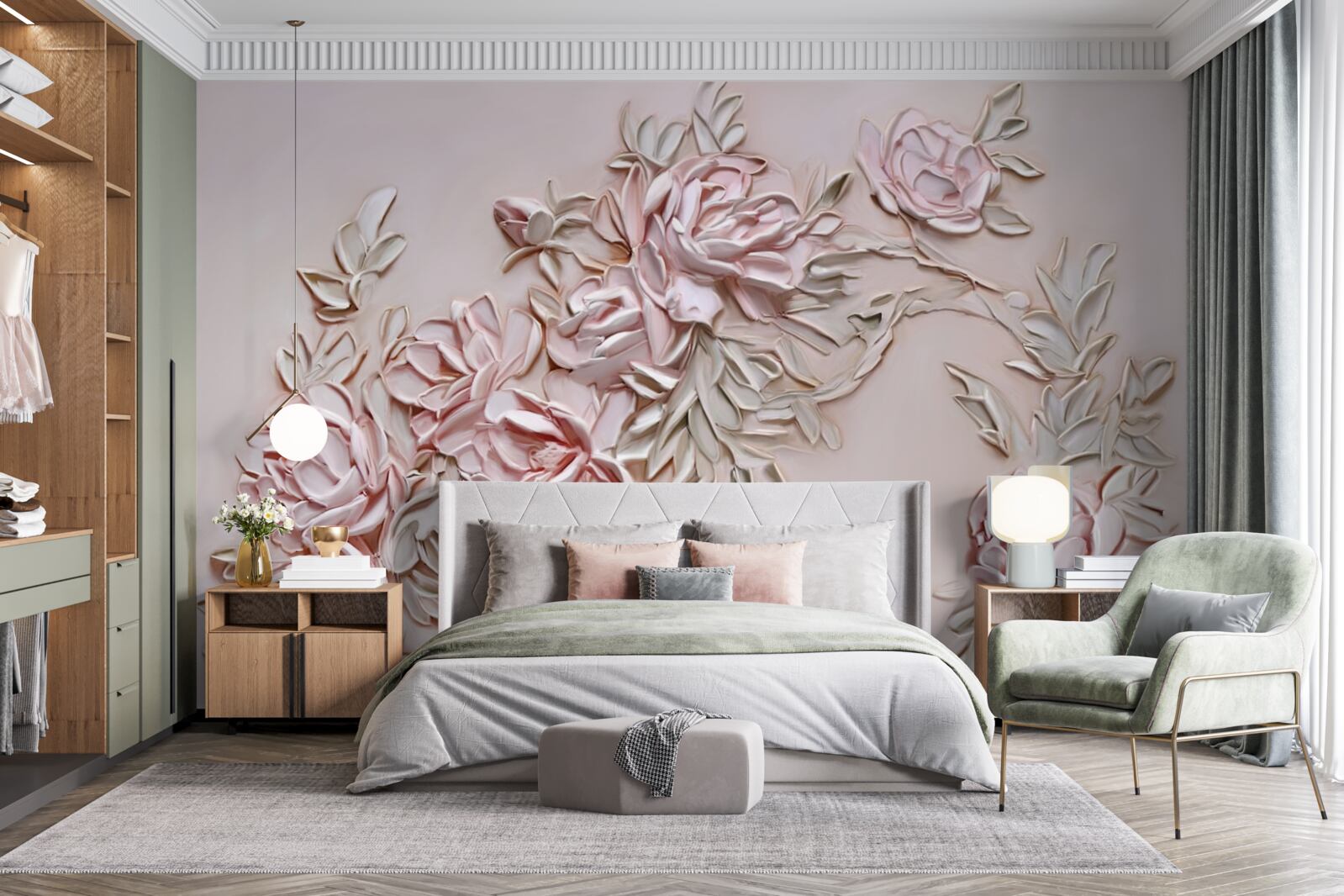 Фотошпалери зелене листя на гілці рожевих квітів