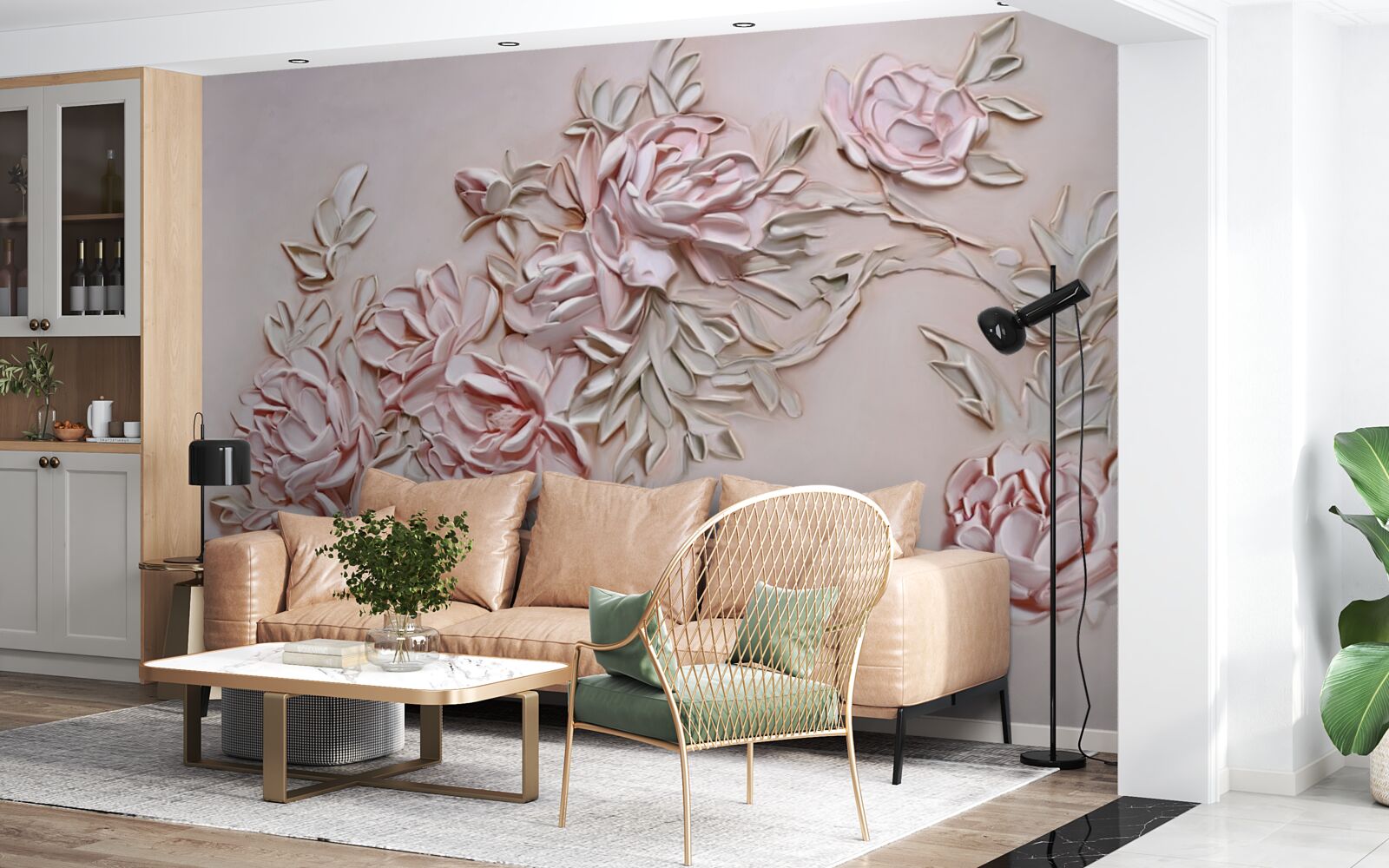 Фотошпалери зелене листя на гілці рожевих квітів