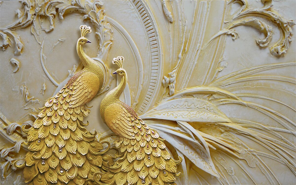 Фотошпалери об'ємна пара золотих павичів