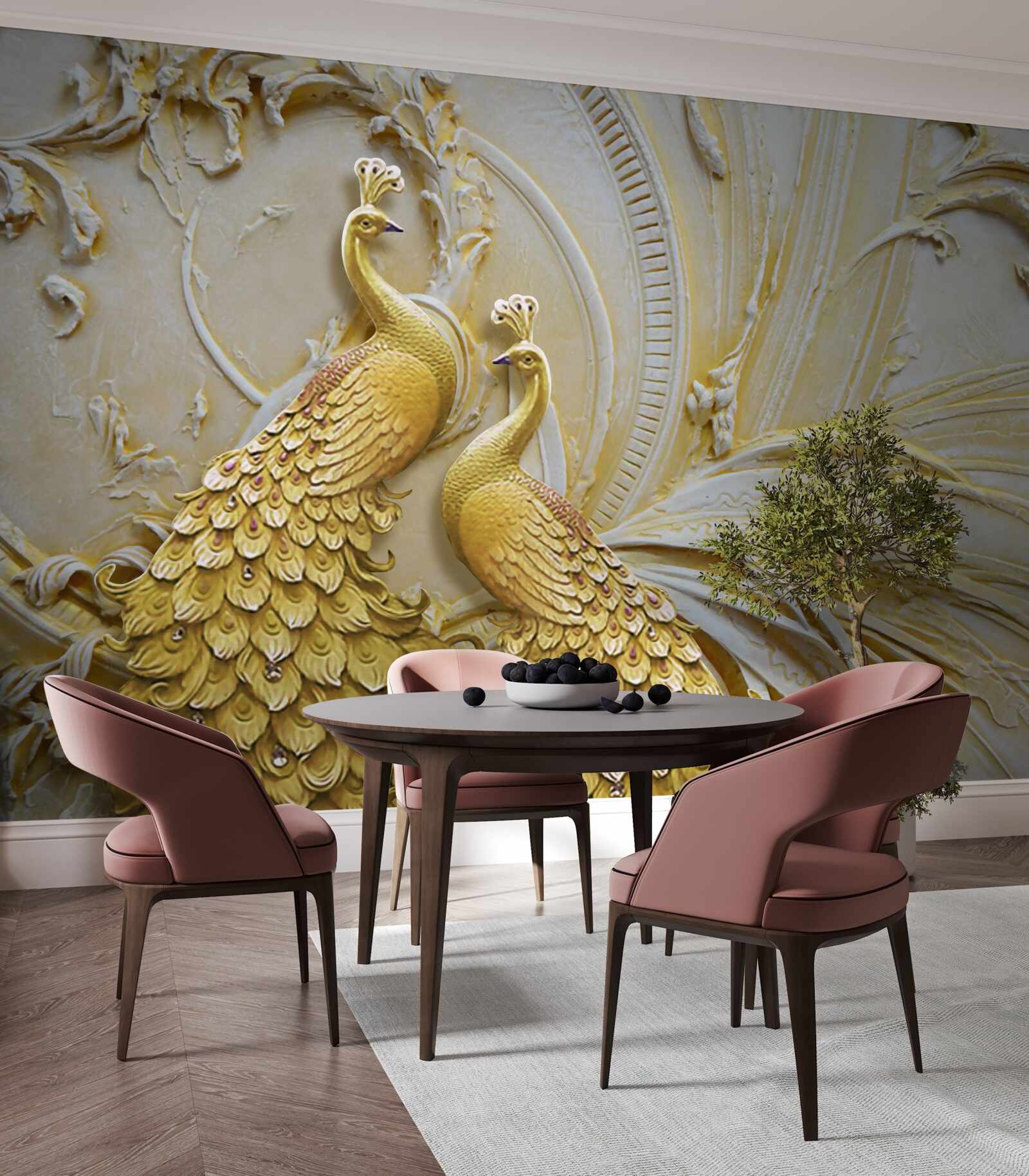 Фотошпалери об'ємна пара золотих павичів