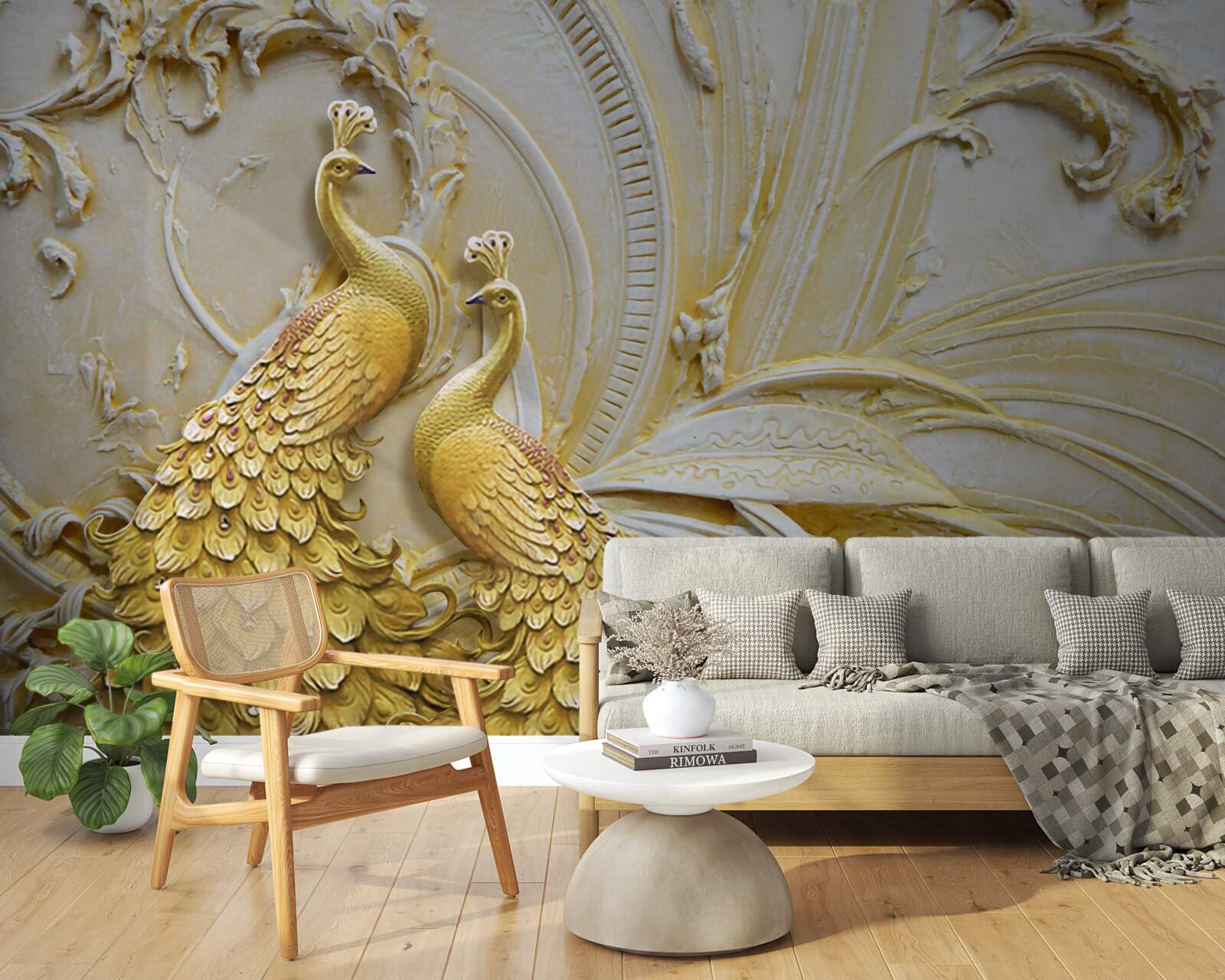 Фотошпалери об'ємна пара золотих павичів