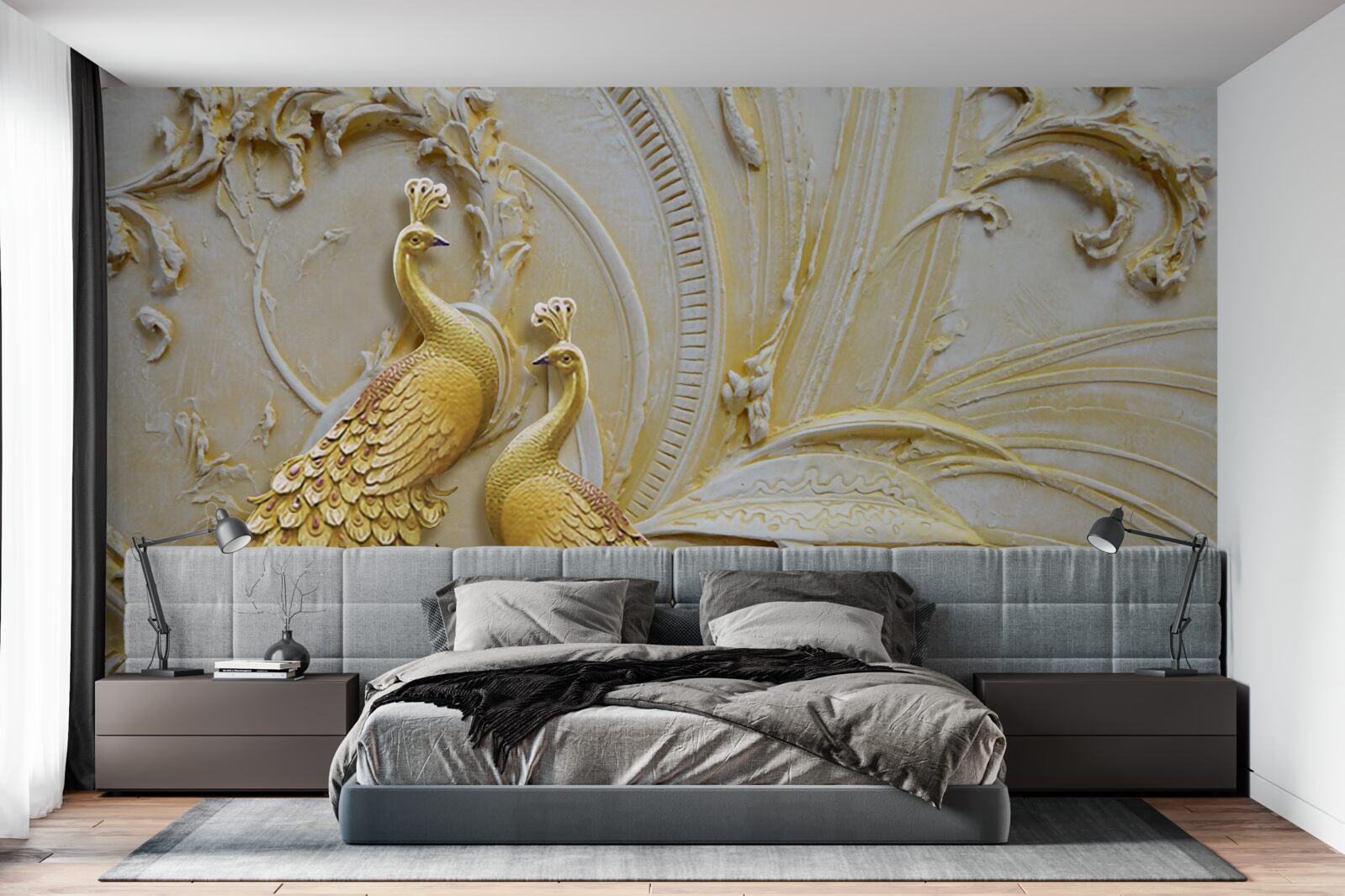 Фотошпалери об'ємна пара золотих павичів