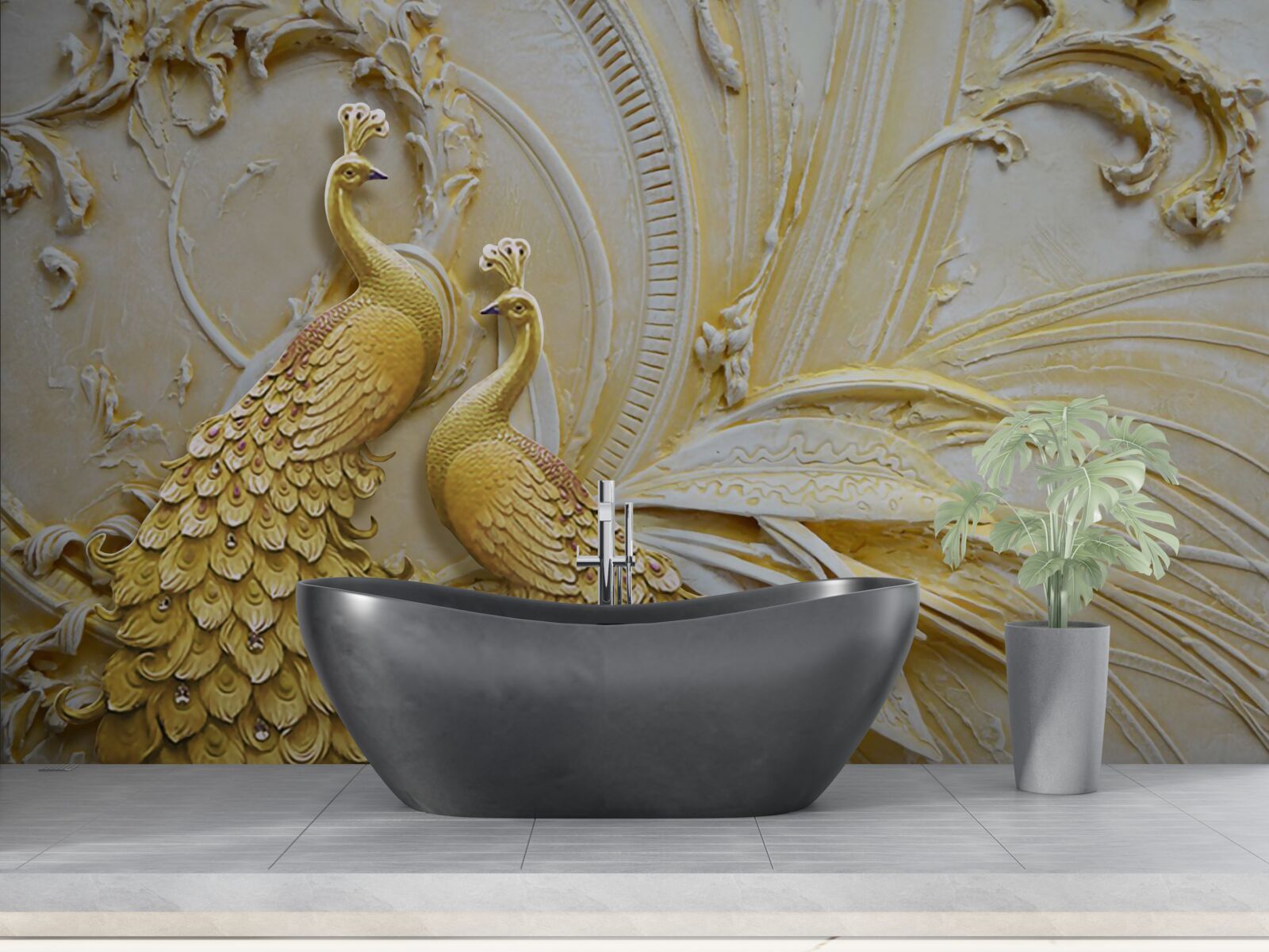 Фотошпалери об'ємна пара золотих павичів