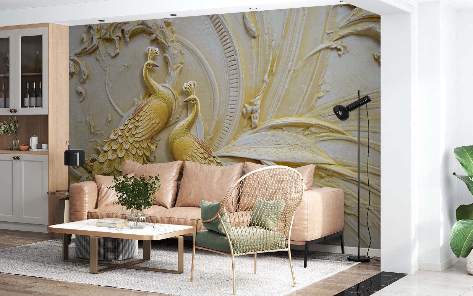 Фотошпалери об'ємна пара золотих павичів