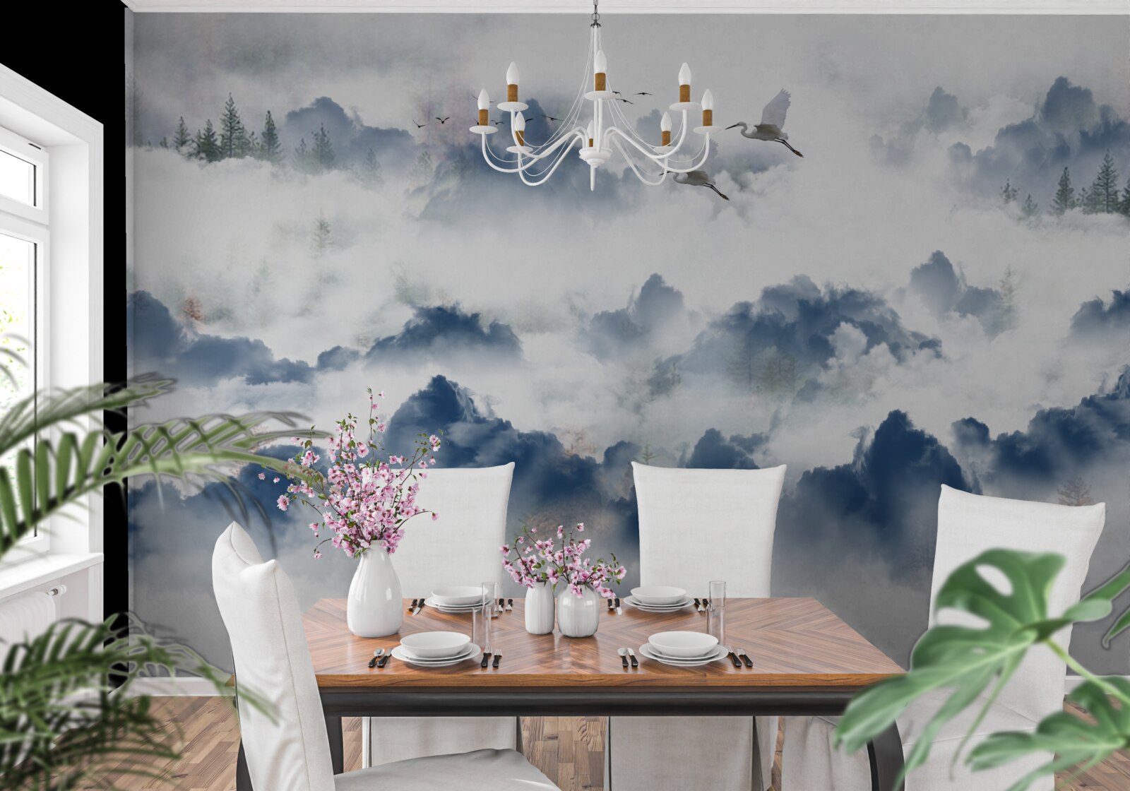 Фотошпалери пернаті створіння пролітають над туманними вершинами гірських хребтів