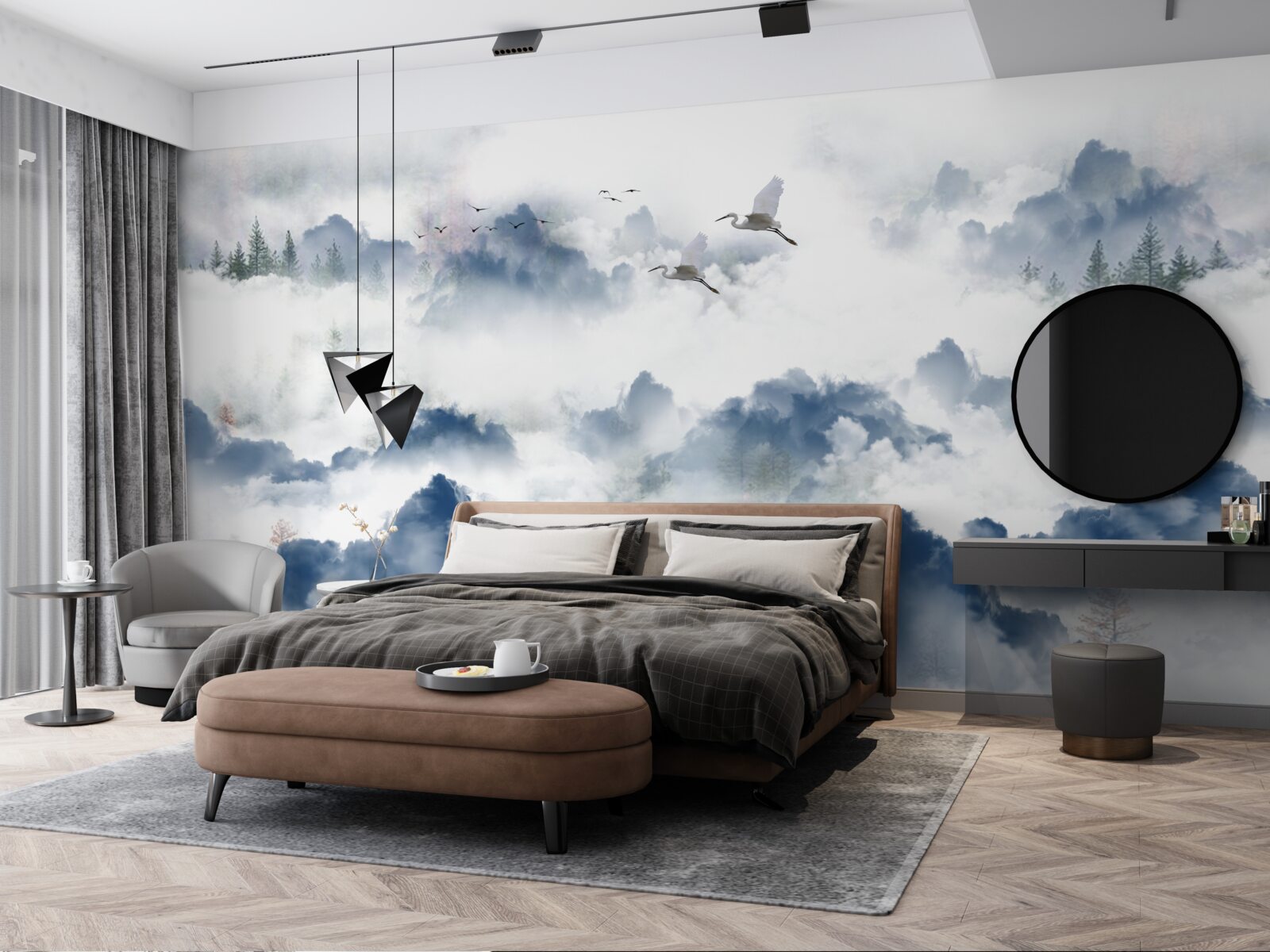 Фотошпалери пернаті створіння пролітають над туманними вершинами гірських хребтів