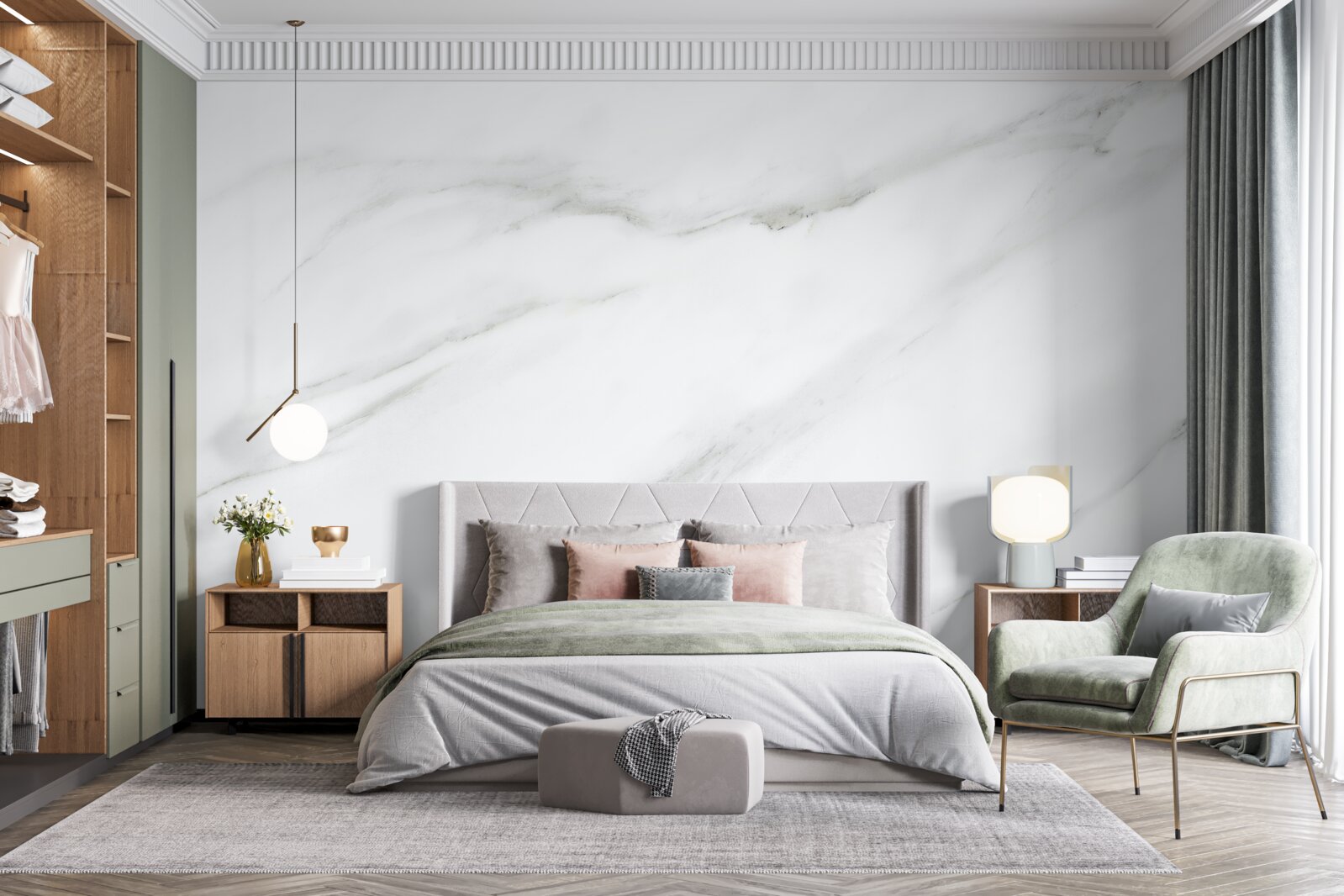 Фотошпалери Білосніжний мармур з сірими хвильовими візерунками