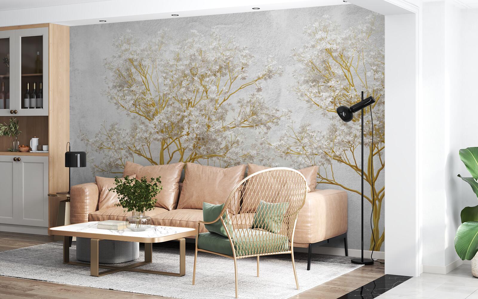 Фотошпалери білі дерева восени