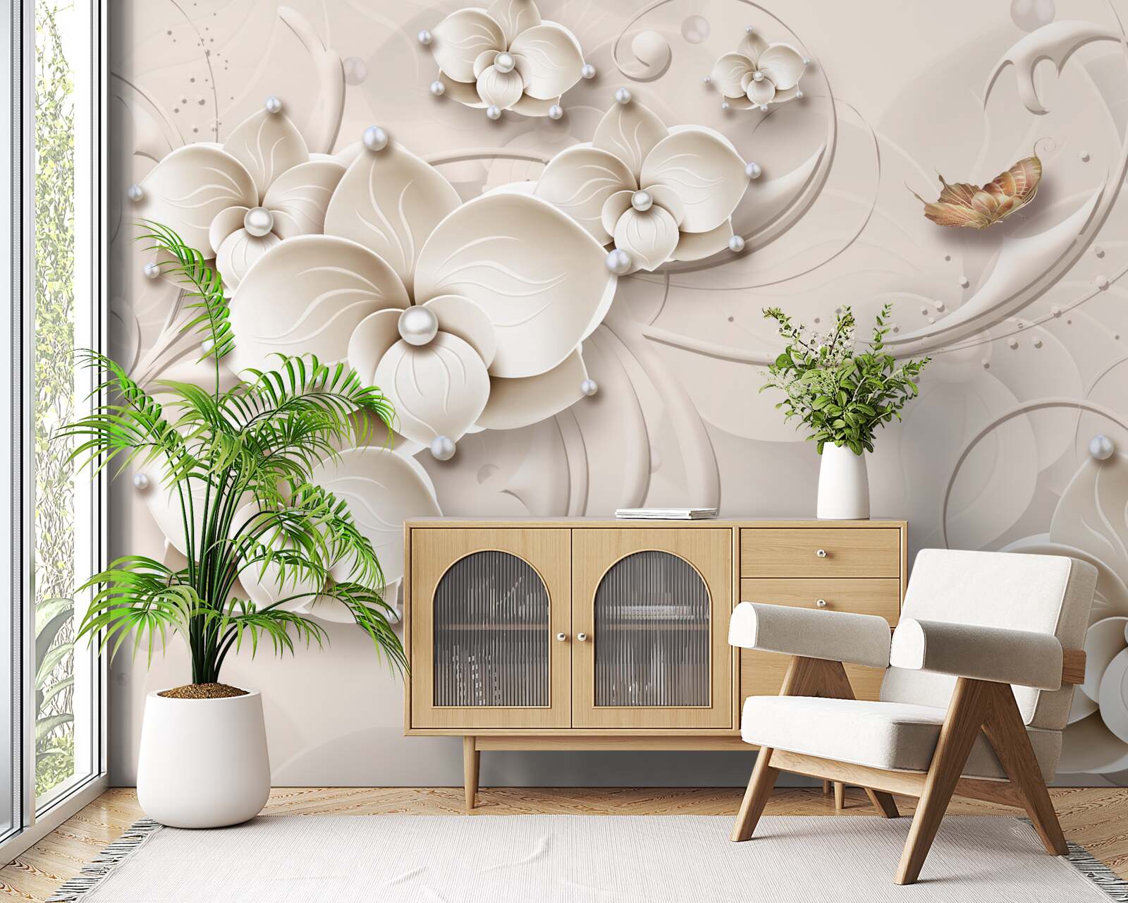 Фотошпалери метелики та гілки білосніжної орхідеї