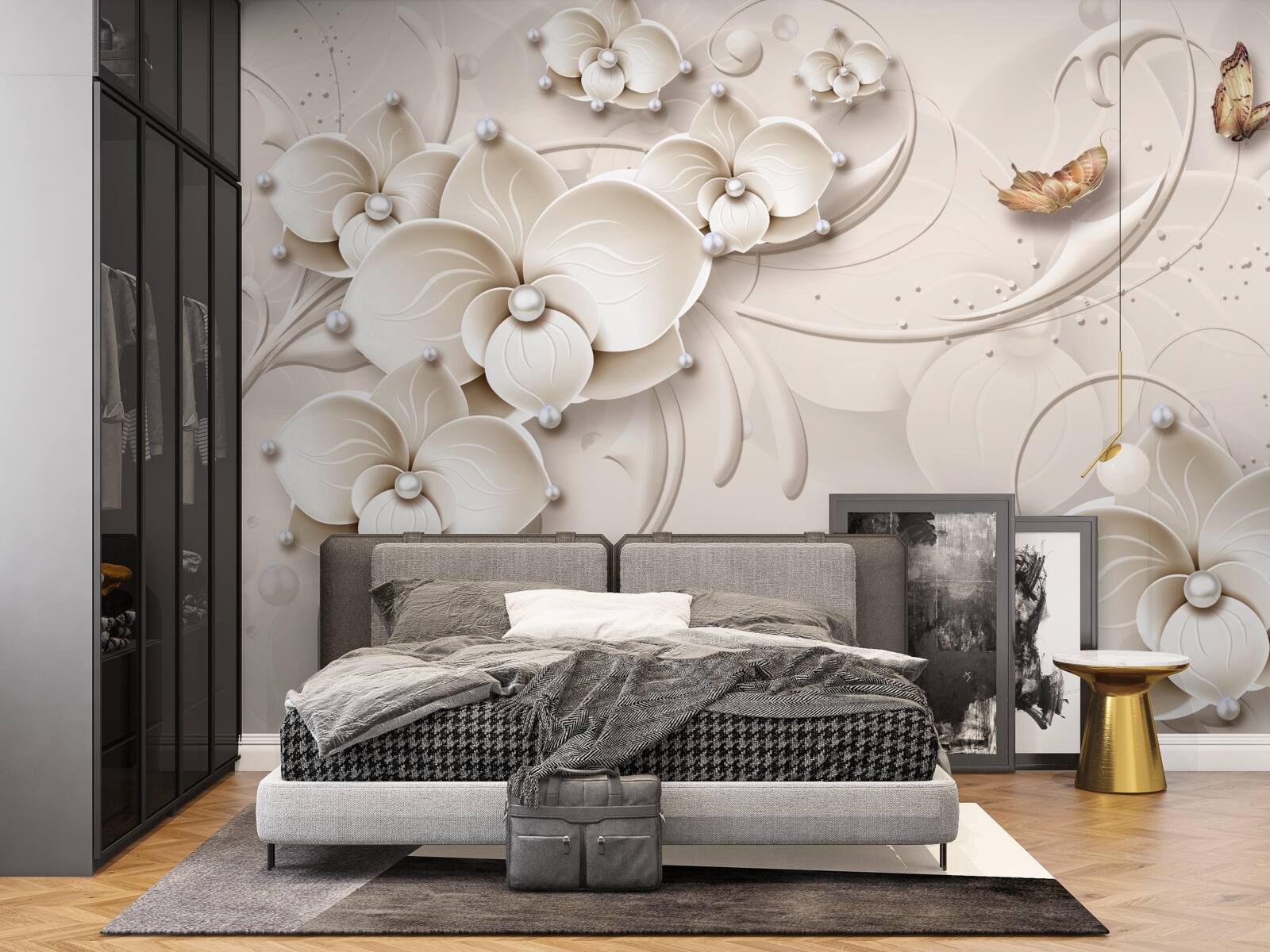 Фотошпалери метелики та гілки білосніжної орхідеї