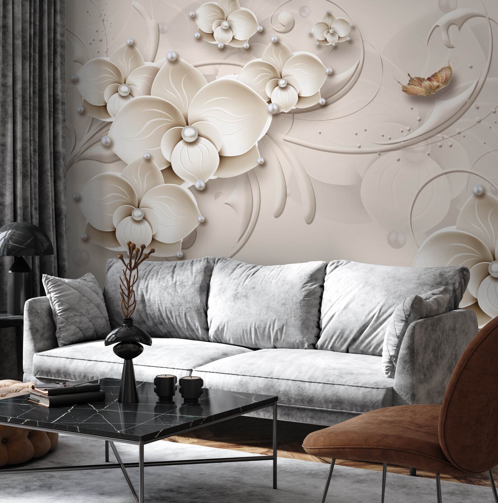 Фотошпалери метелики та гілки білосніжної орхідеї