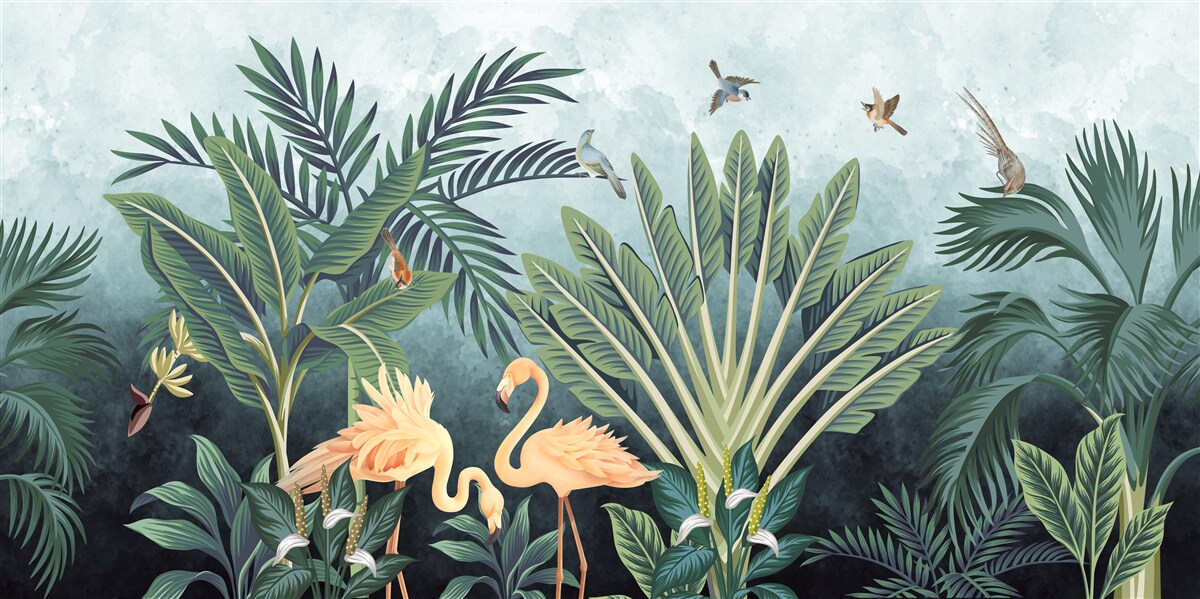 Фотошпалери у джунглях рожеві фламінго виблискують на воді