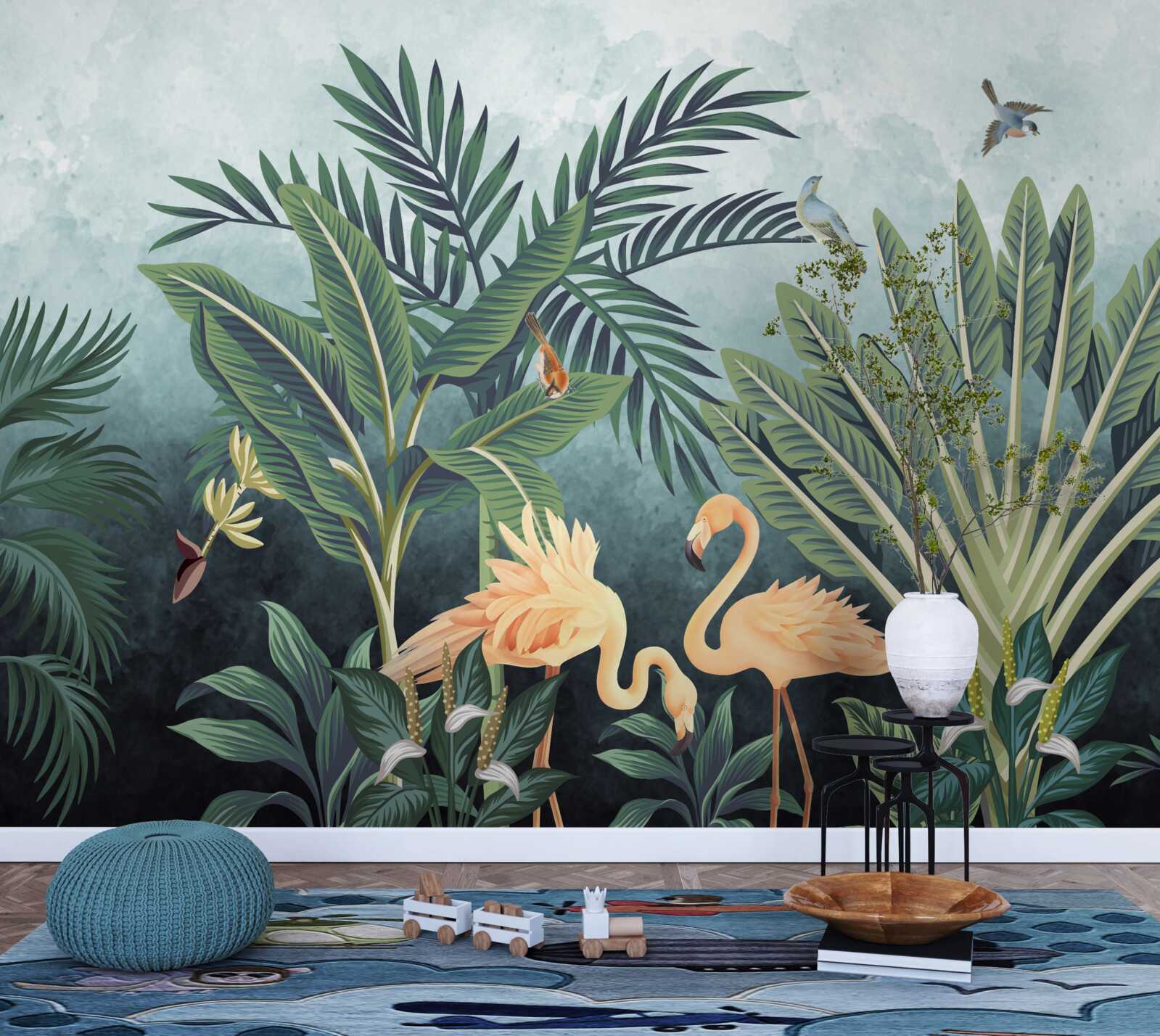 Фотошпалери у джунглях рожеві фламінго виблискують на воді