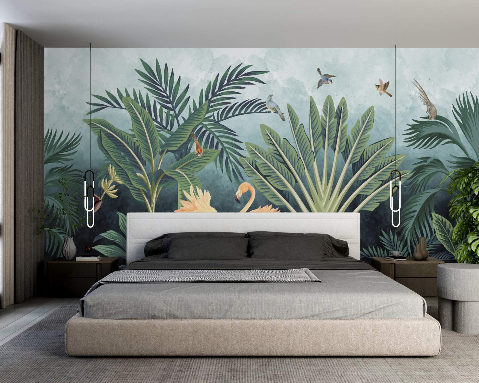 Фотошпалери у джунглях рожеві фламінго виблискують на воді