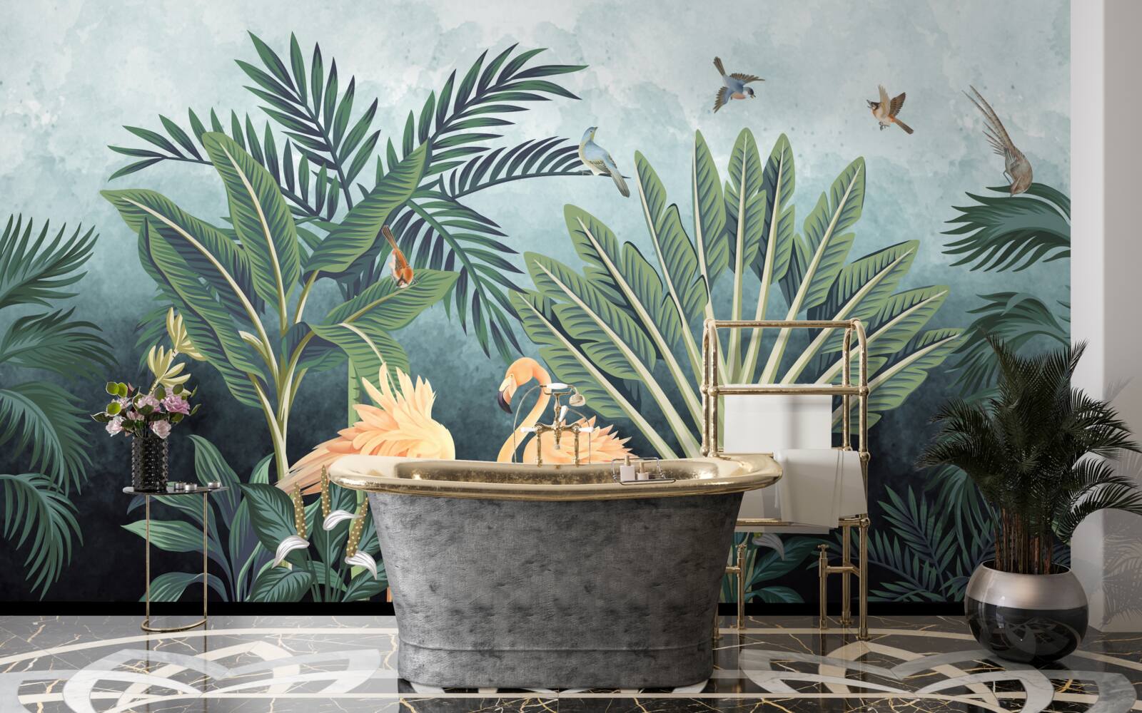 Фотошпалери у джунглях рожеві фламінго виблискують на воді