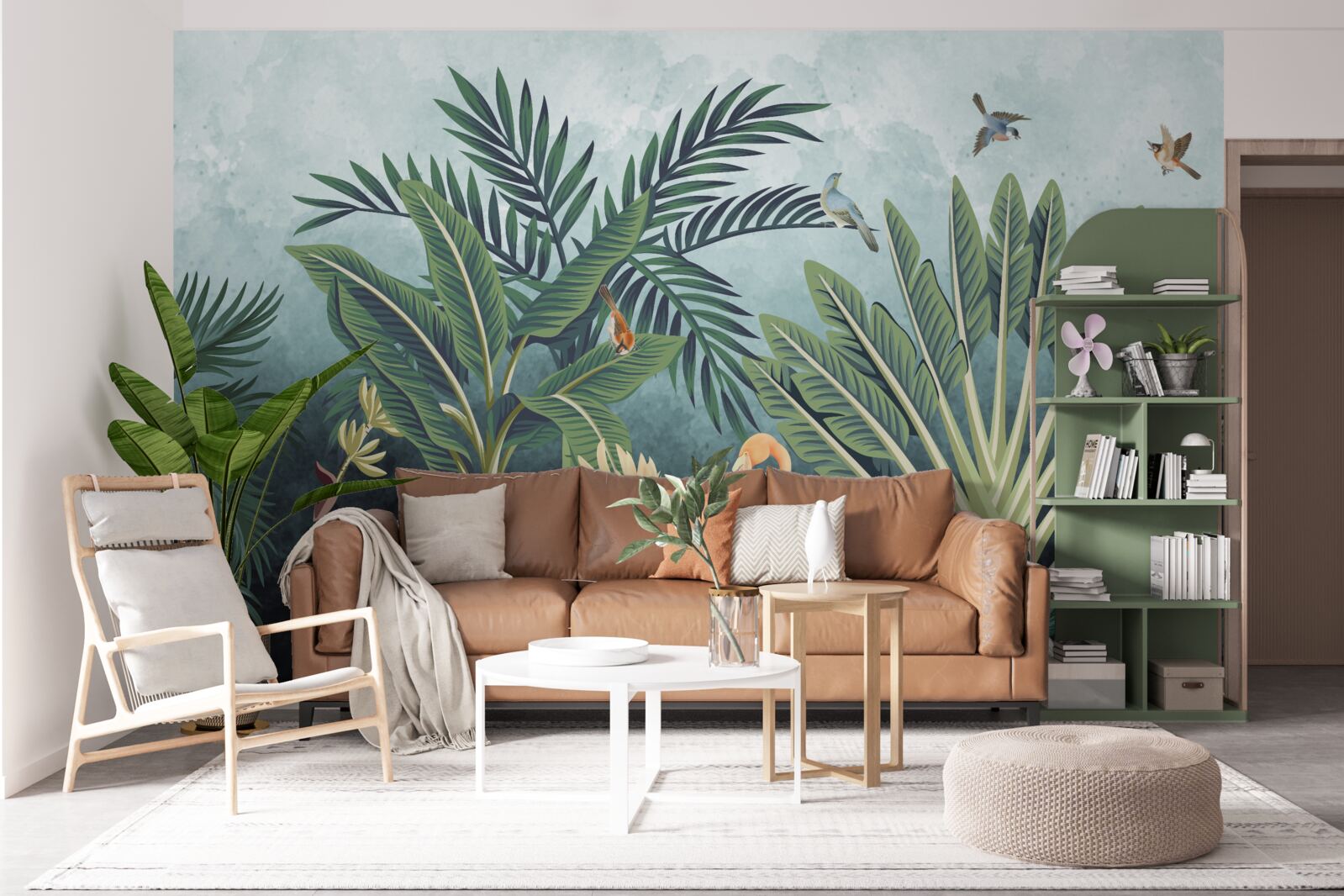 Фотошпалери у джунглях рожеві фламінго виблискують на воді