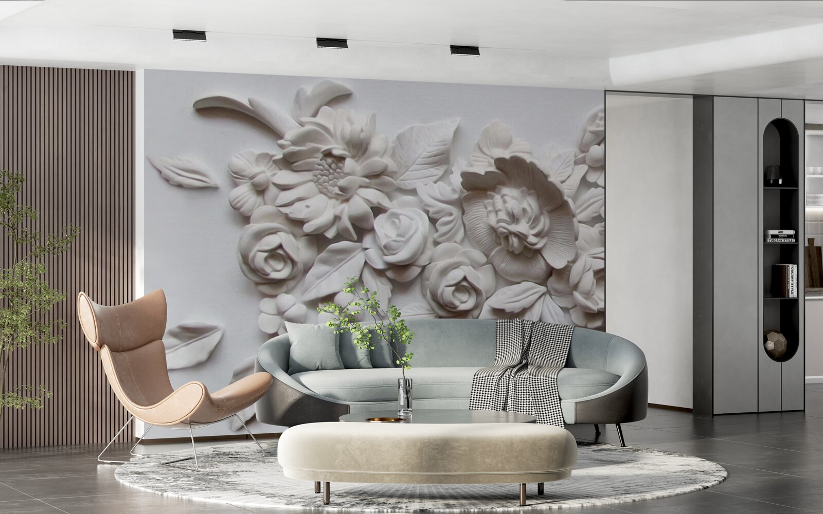 Фотошпалери рельєф з білими квітами