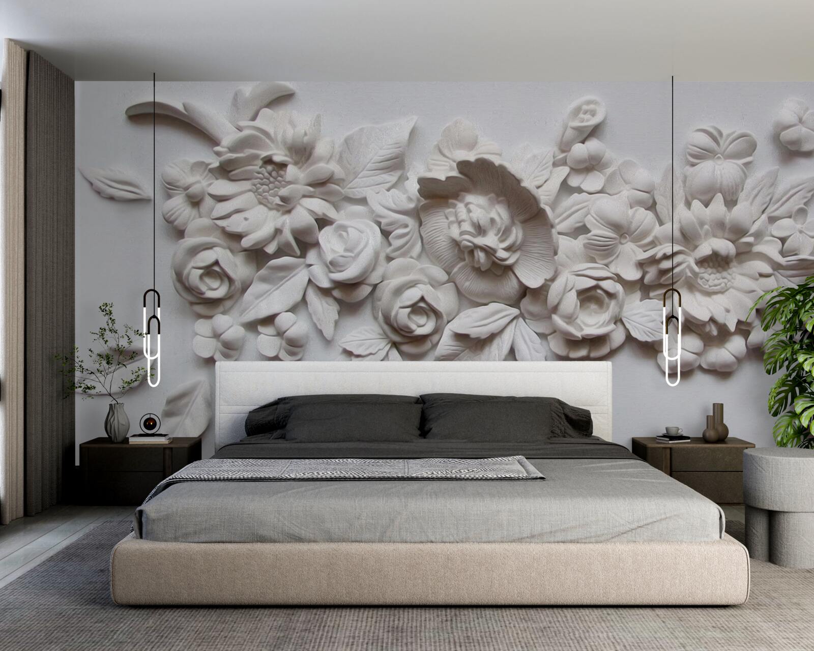 Фотошпалери рельєф з білими квітами