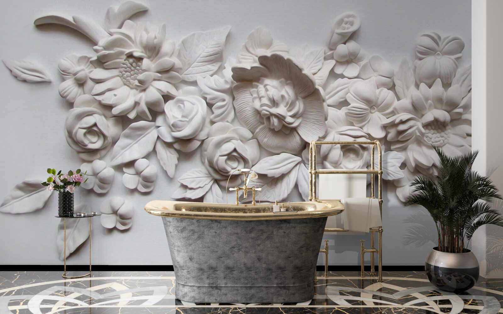 Фотошпалери рельєф з білими квітами