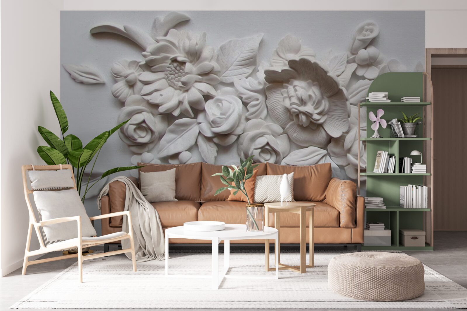 Фотошпалери рельєф з білими квітами