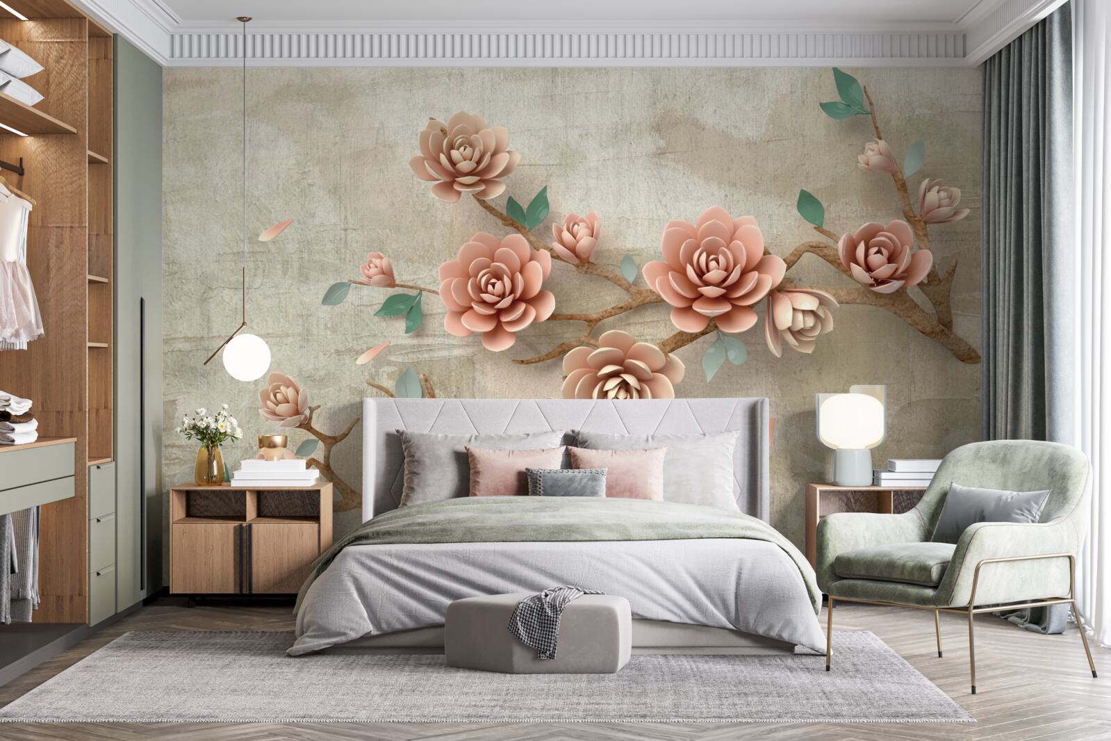 Фотошпалери під час дощу на гілках з'являються коричневі бруньки