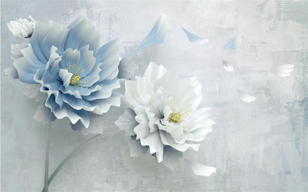 Фотошпалери абстрактне зображення біло-блакитної квітки на тлі гір