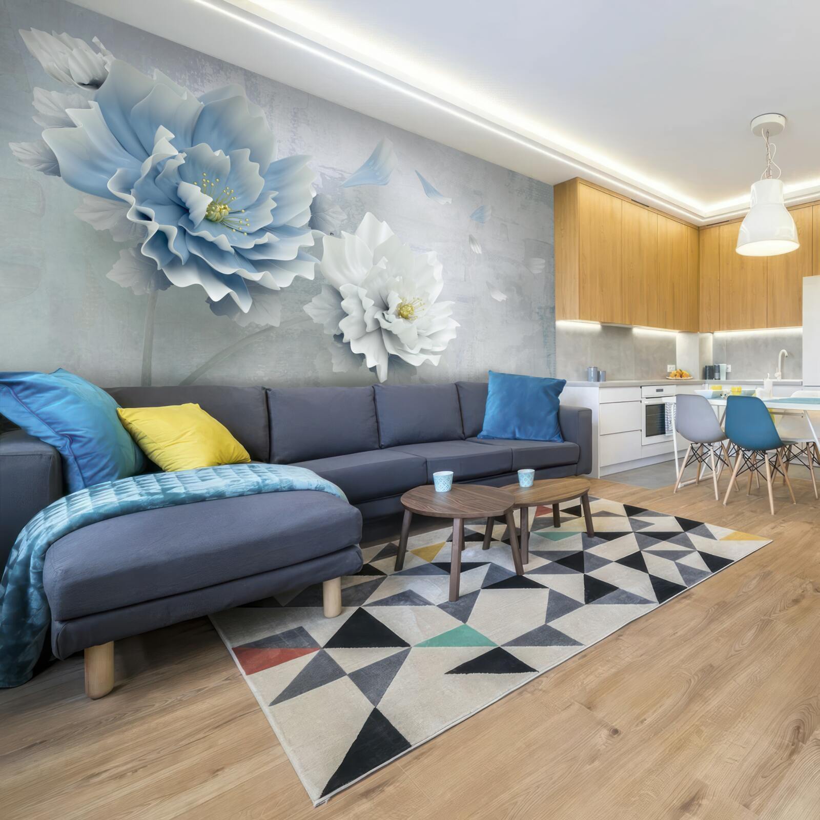 Фотошпалери абстрактне зображення біло-блакитної квітки на тлі гір