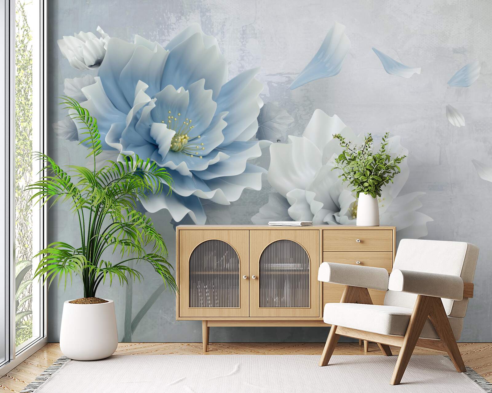 Фотошпалери абстрактне зображення біло-блакитної квітки на тлі гір