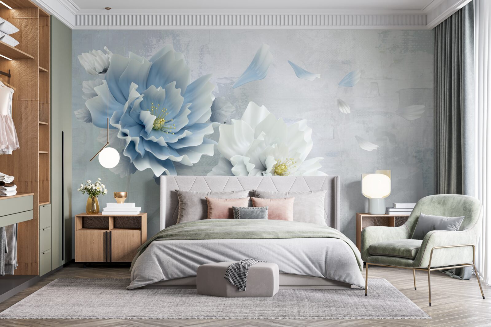 Фотошпалери абстрактне зображення біло-блакитної квітки на тлі гір