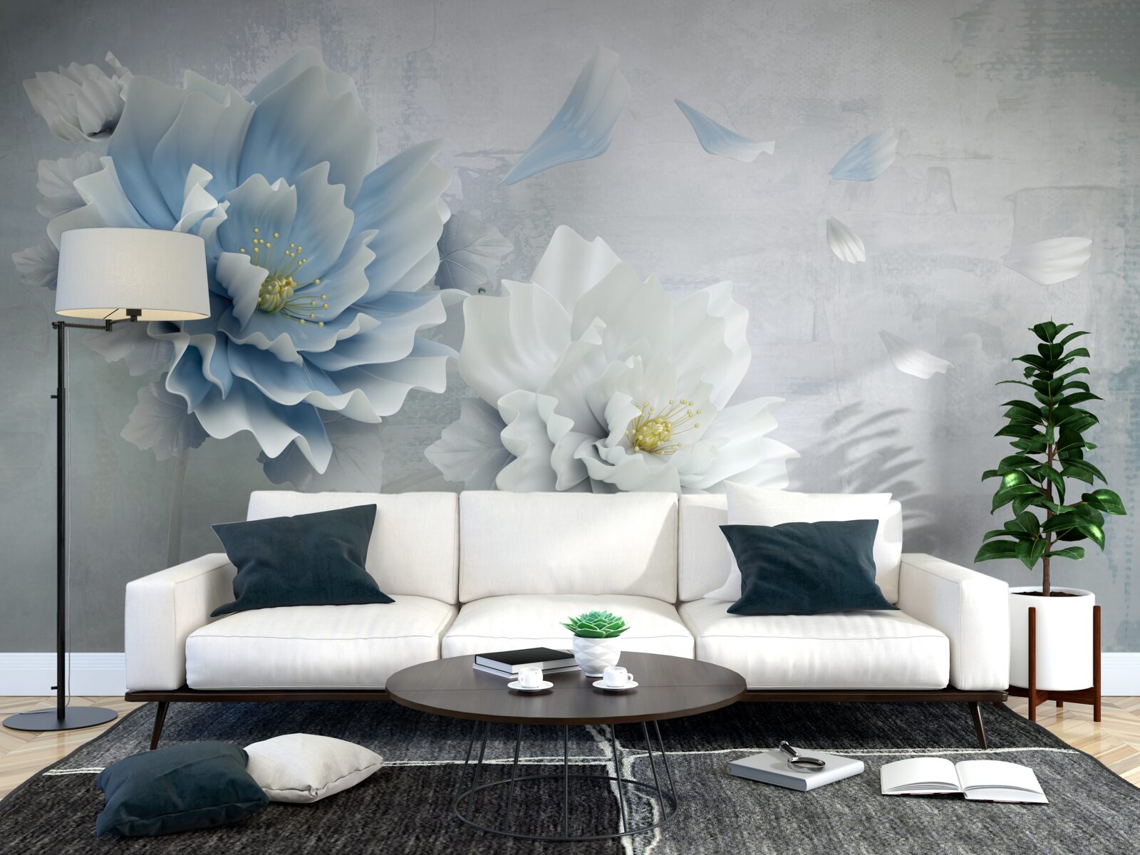 Фотошпалери абстрактне зображення біло-блакитної квітки на тлі гір