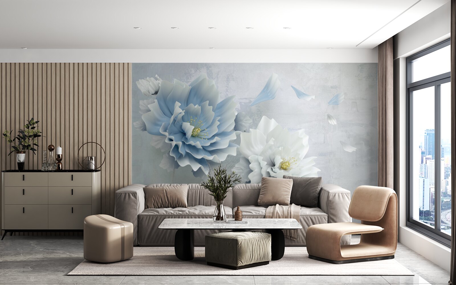 Фотошпалери абстрактне зображення біло-блакитної квітки на тлі гір