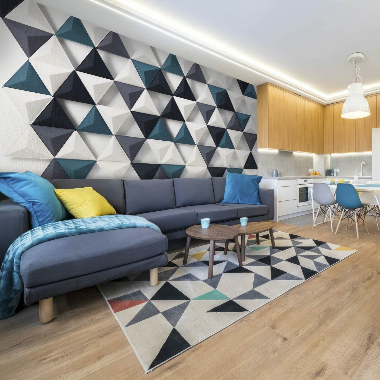 Фотошпалери об'ємні трикутники у відтінках білого та смарагдового