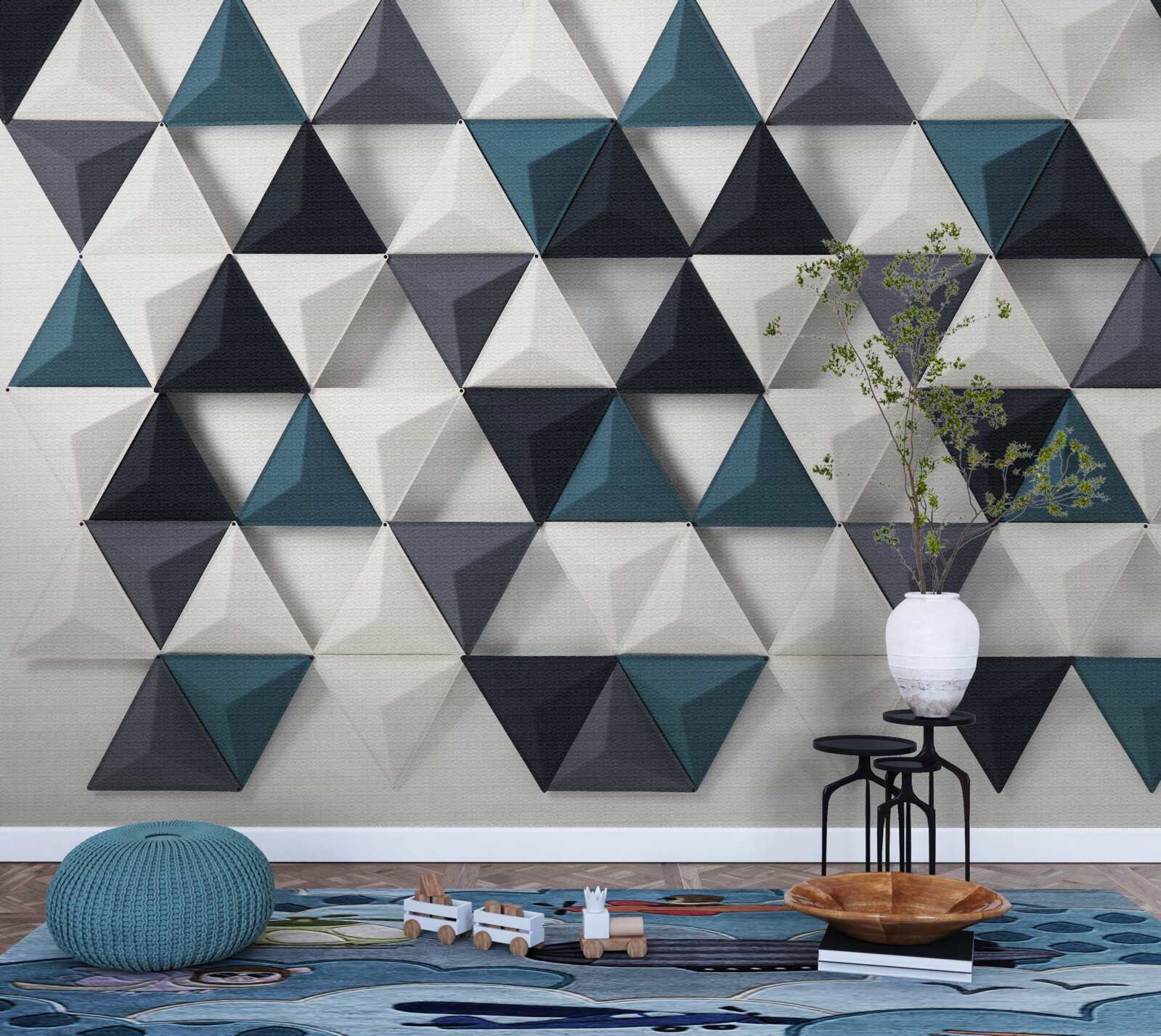 Фотошпалери об'ємні трикутники у відтінках білого та смарагдового