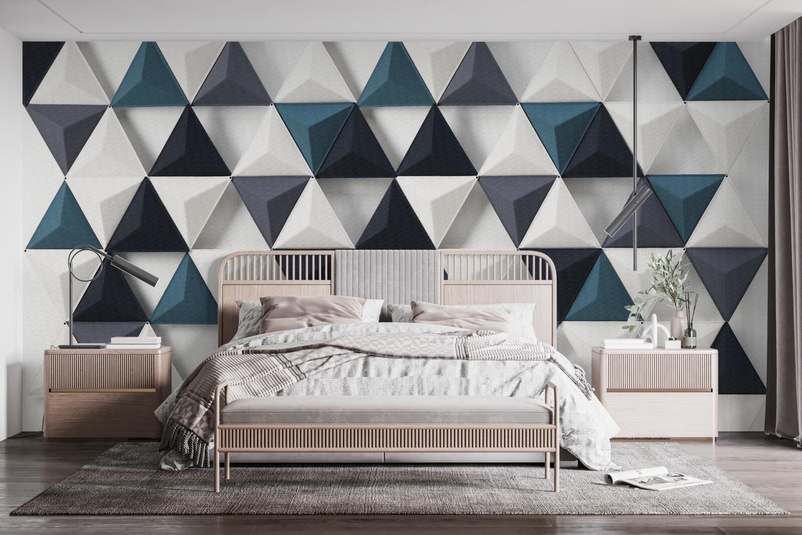 Фотошпалери об'ємні трикутники у відтінках білого та смарагдового