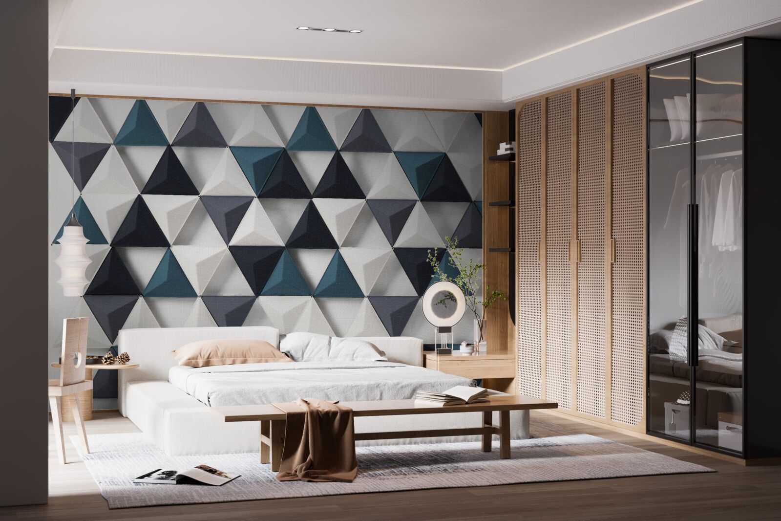 Фотошпалери об'ємні трикутники у відтінках білого та смарагдового