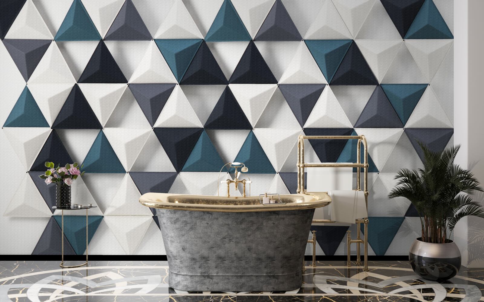 Фотошпалери об'ємні трикутники у відтінках білого та смарагдового