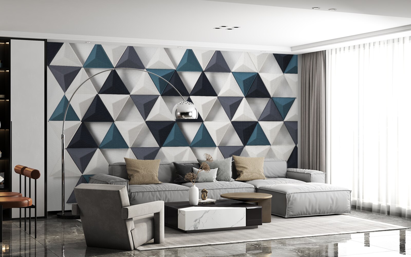 Фотошпалери об'ємні трикутники у відтінках білого та смарагдового