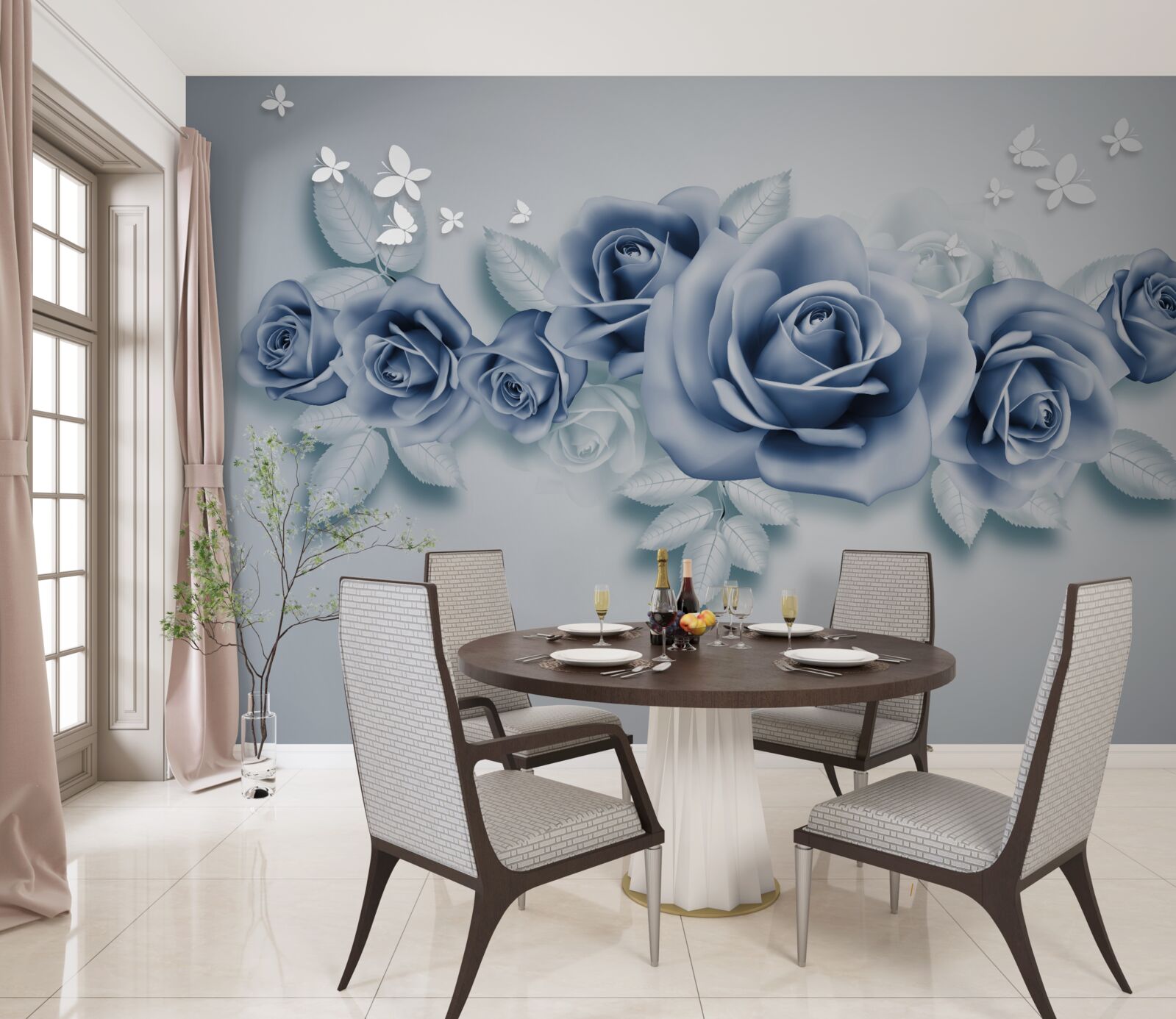 Фотошпалери Білосніжні метелики та ніжно-блакитні троянди