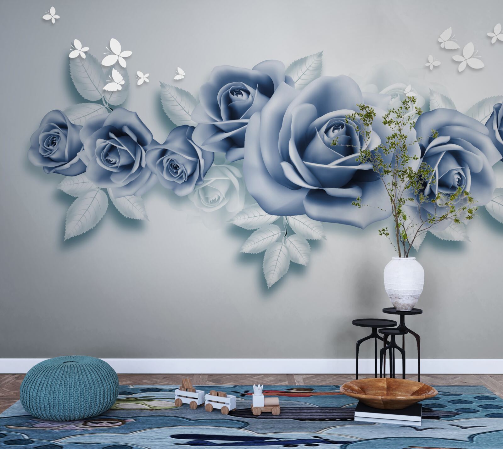 Фотошпалери Білосніжні метелики та ніжно-блакитні троянди