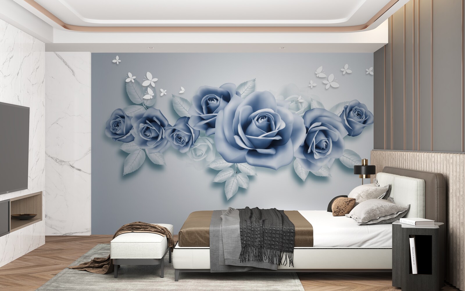 Фотошпалери Білосніжні метелики та ніжно-блакитні троянди