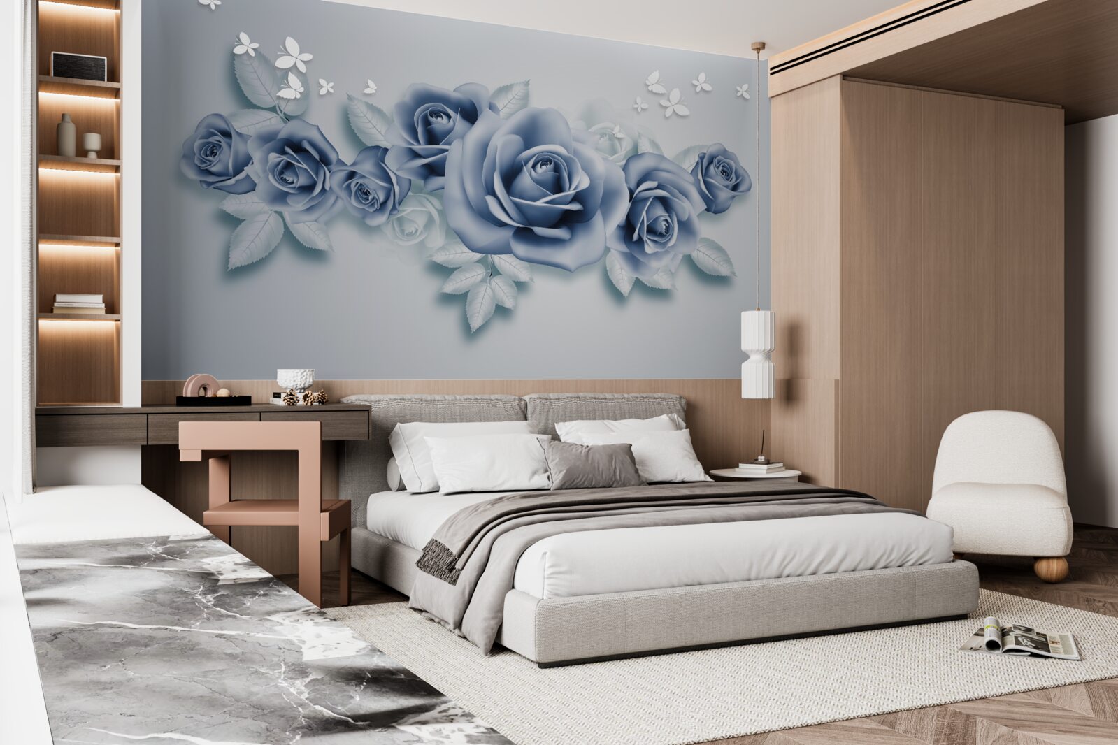 Фотошпалери Білосніжні метелики та ніжно-блакитні троянди