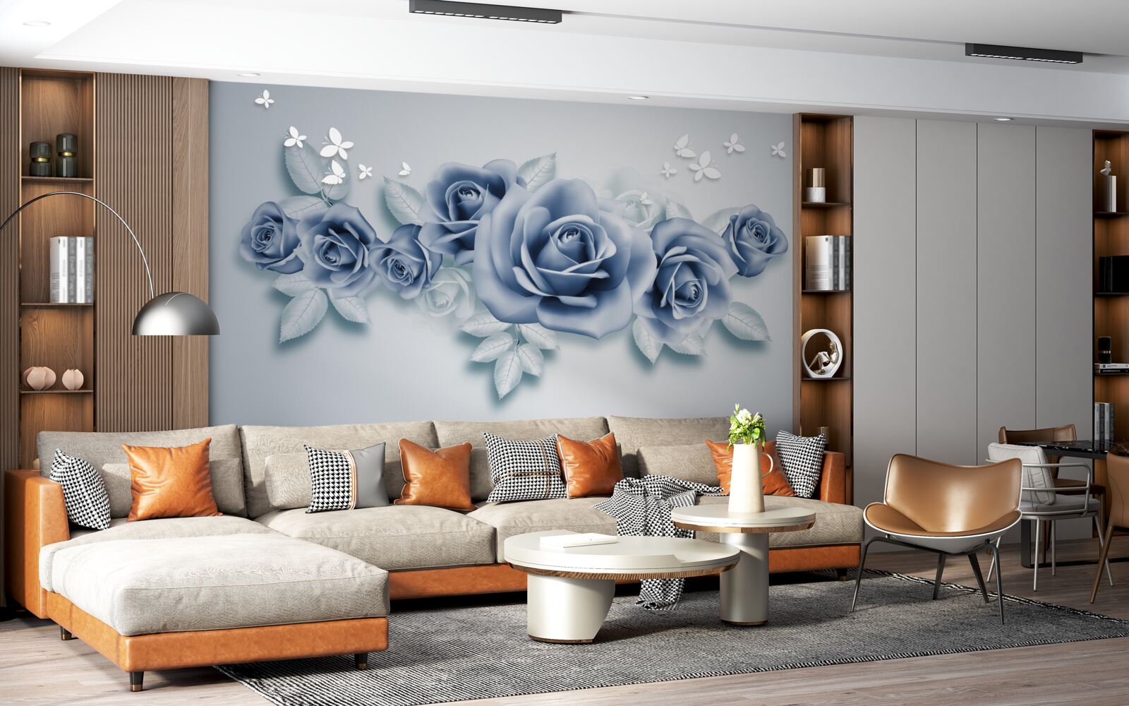 Фотошпалери Білосніжні метелики та ніжно-блакитні троянди