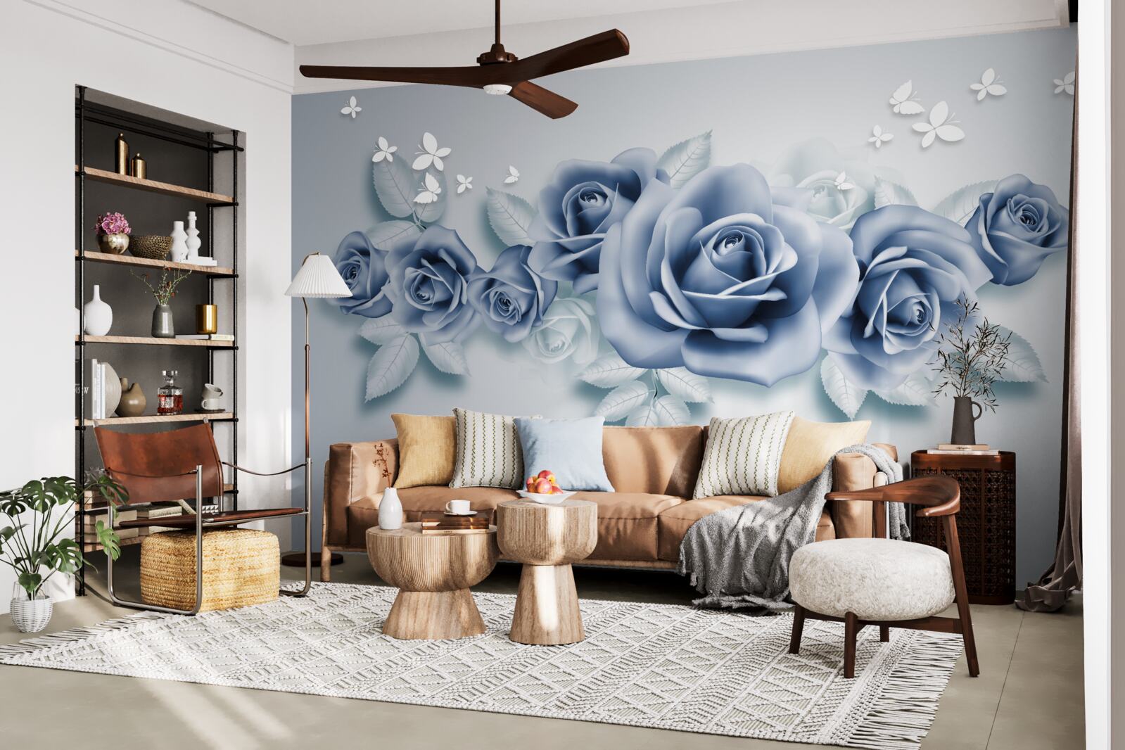 Фотошпалери Білосніжні метелики та ніжно-блакитні троянди