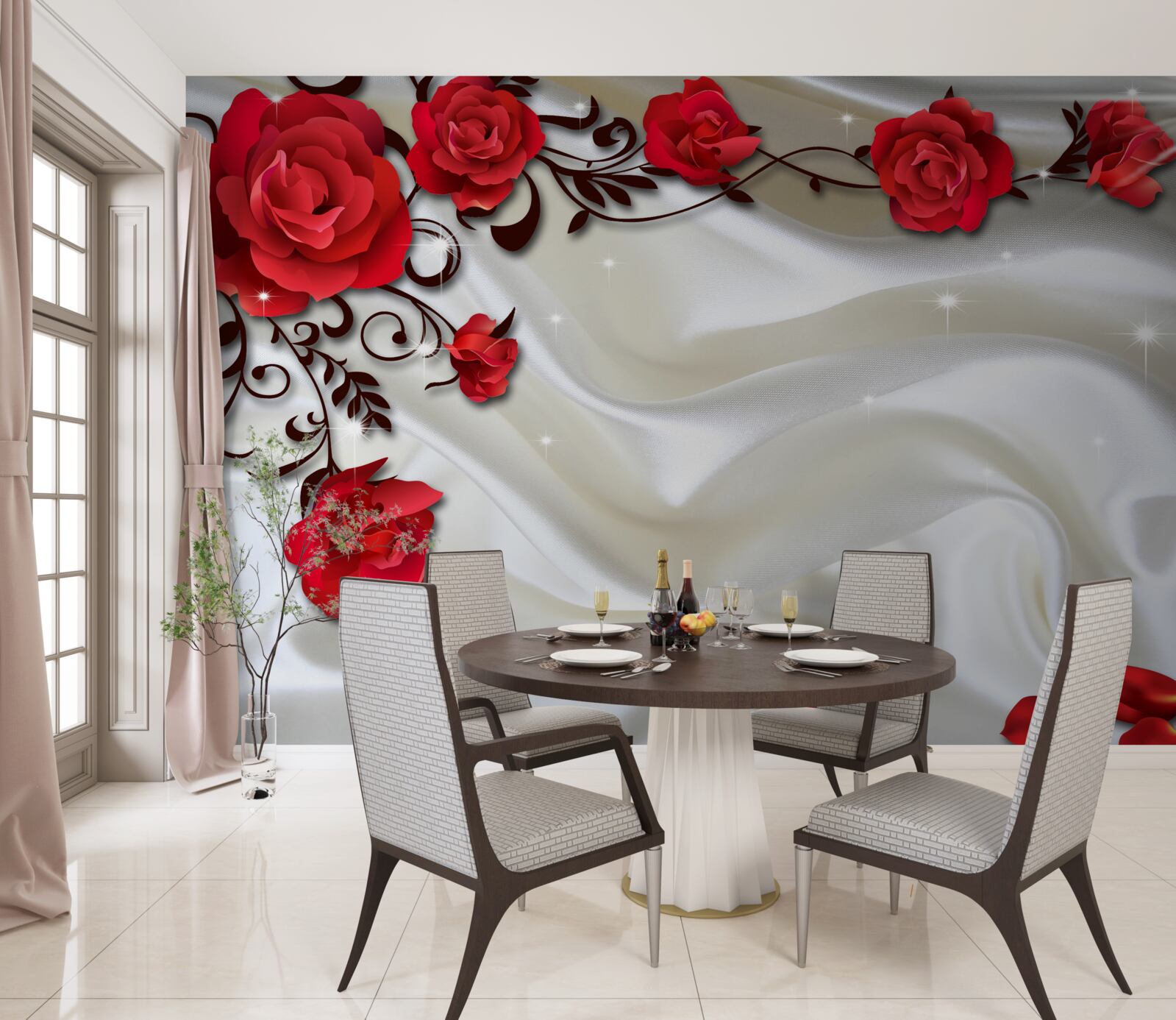 Фотошпалери гілки червоних троянд на м'якому шовковому тлі