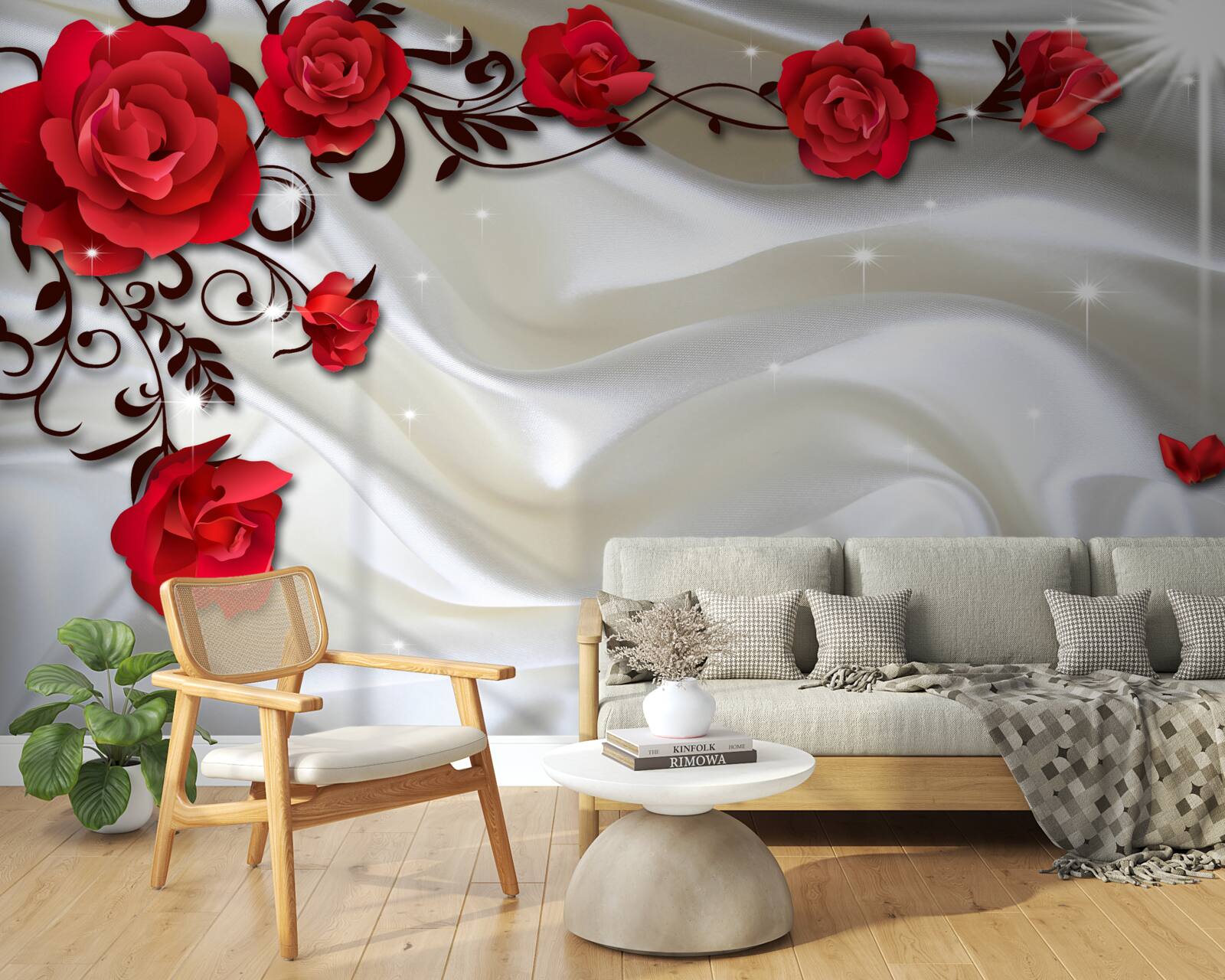 Фотошпалери гілки червоних троянд на м'якому шовковому тлі