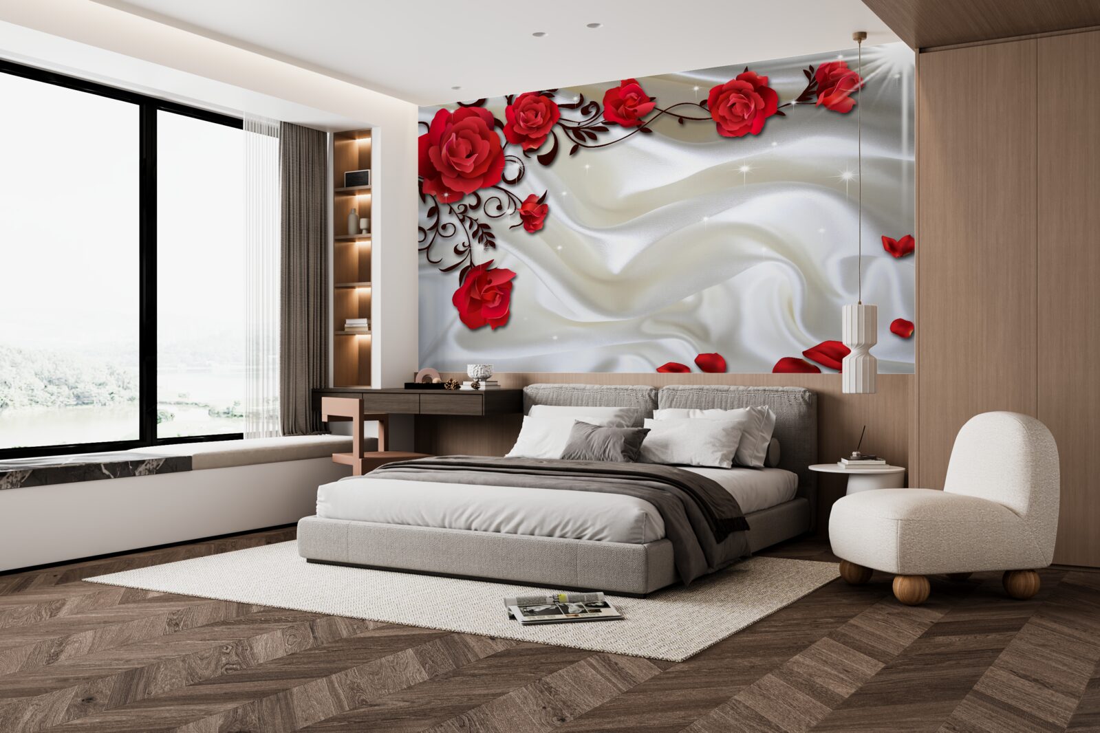 Фотошпалери гілки червоних троянд на м'якому шовковому тлі