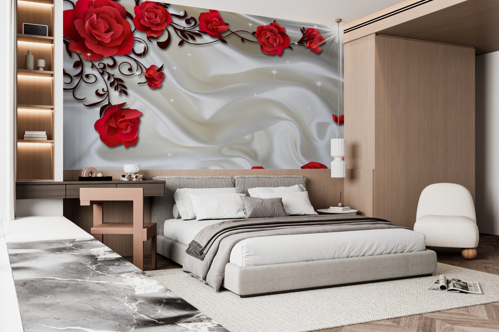 Фотошпалери гілки червоних троянд на м'якому шовковому тлі