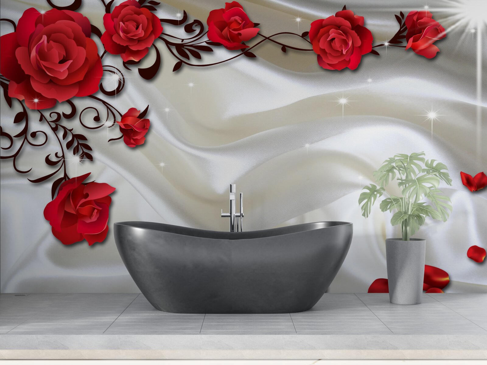 Фотошпалери гілки червоних троянд на м'якому шовковому тлі