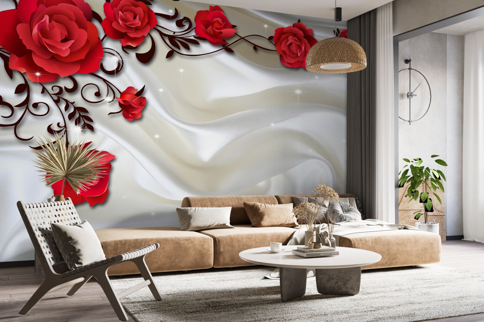 Фотошпалери гілки червоних троянд на м'якому шовковому тлі